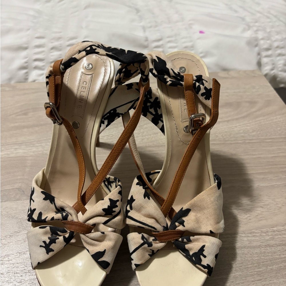 Celine Black & Beige Knotted Canvas Heeled Sandals with Tan Leather Straps